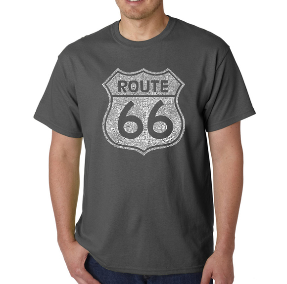 Men's Word Art T-shirt - CITIES ALONG THE LEGENDARY ROUTE 66 - Picture 1 of 2
